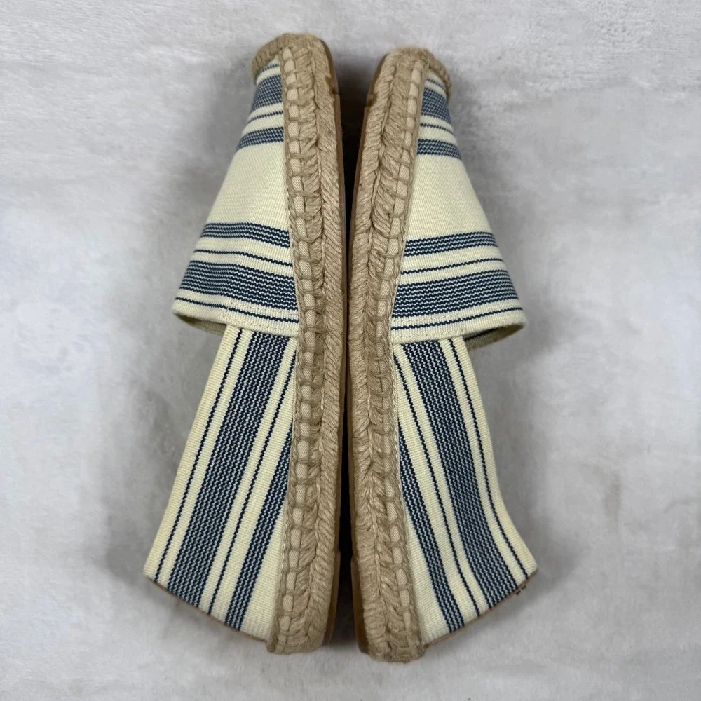 Tory Burch Striped Canvas Espadrille Flats Cream Blue Brown Slip On Shoes 9